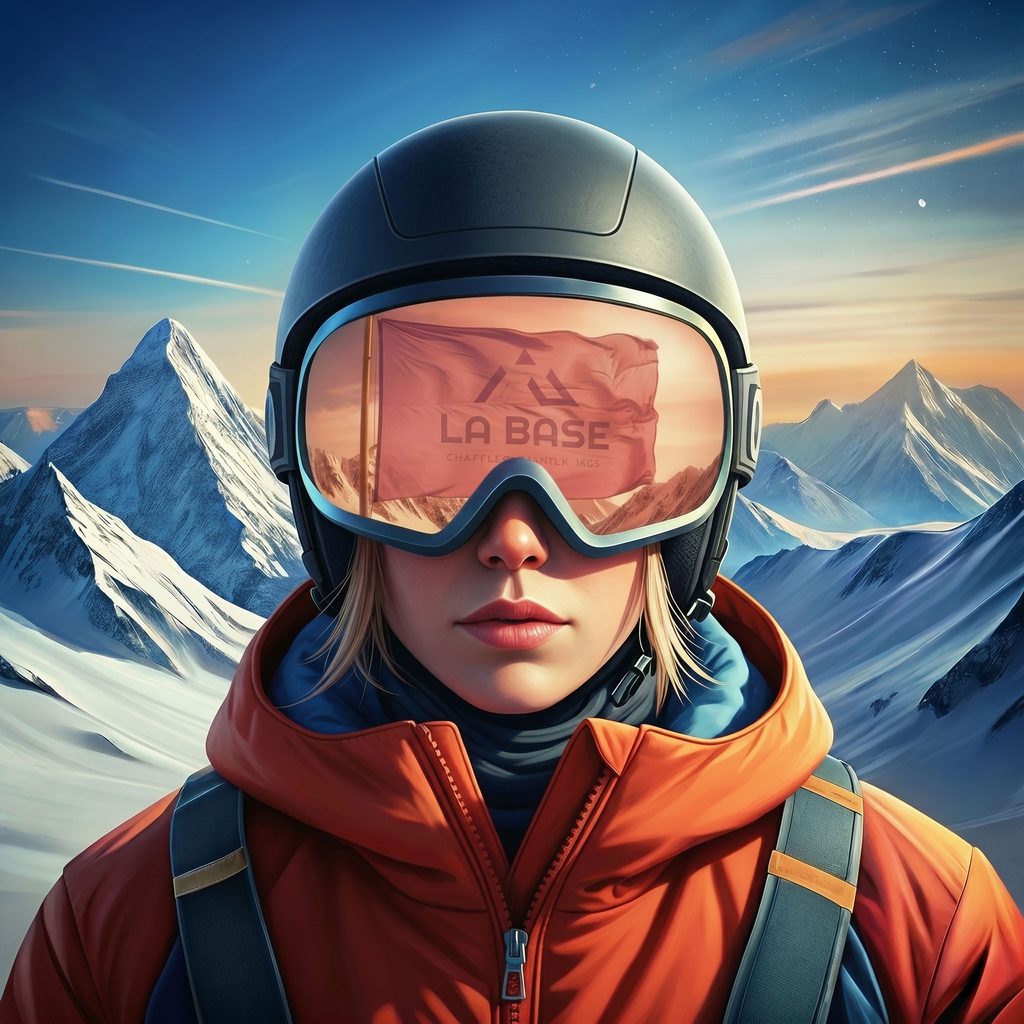 Esquiadora con casco y antiparras reflejando la bandera de La Base sobre los picos nevados del Chapelco